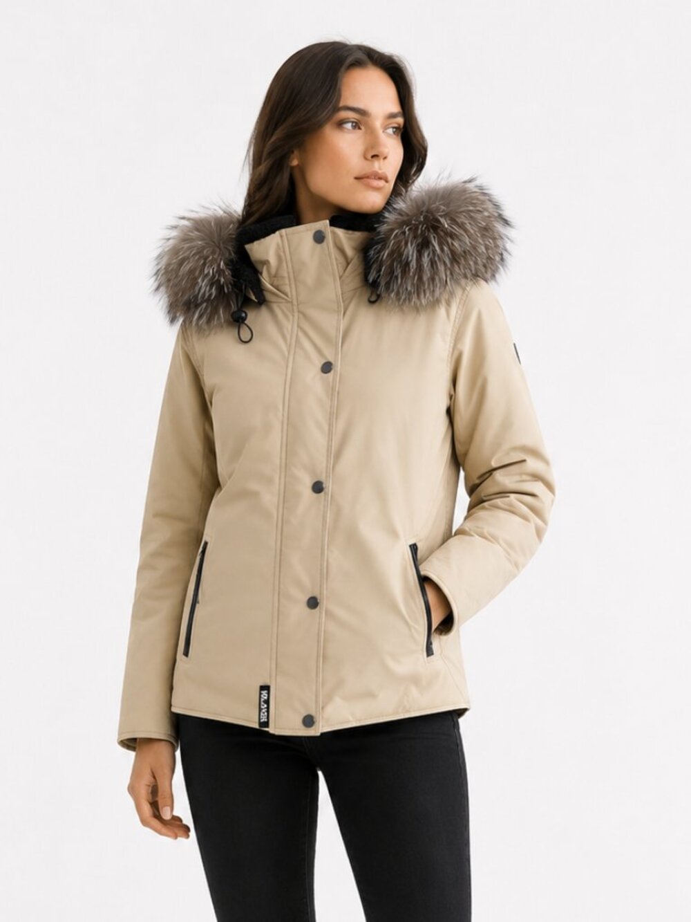 NWOT VALANGA BEIGE FUR TRIM HOODED SHORT WINTER COAT - 8